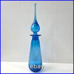 Vintage Rainbow Glass Blue Crackle Decanter Bottle Flame Stopper MCM 17.5 READ