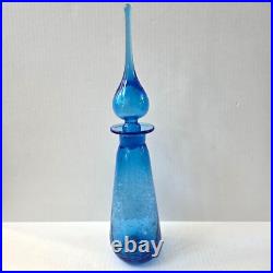 Vintage Rainbow Glass Blue Crackle Decanter Bottle Flame Stopper MCM 17.5 READ