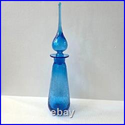 Vintage Rainbow Glass Blue Crackle Decanter Bottle Flame Stopper MCM 17.5 READ
