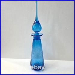 Vintage Rainbow Glass Blue Crackle Decanter Bottle Flame Stopper MCM 17.5 READ