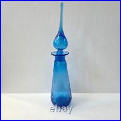 Vintage Rainbow Glass Blue Crackle Decanter Bottle Flame Stopper MCM 17.5 READ