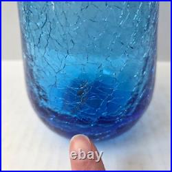 Vintage Rainbow Glass Blue Crackle Decanter Bottle Flame Stopper MCM 17.5 READ
