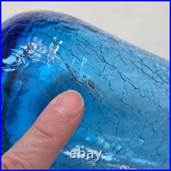 Vintage Rainbow Glass Blue Crackle Decanter Bottle Flame Stopper MCM 17.5 READ
