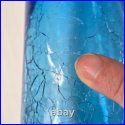 Vintage Rainbow Glass Blue Crackle Decanter Bottle Flame Stopper MCM 17.5 READ