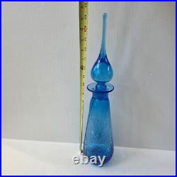 Vintage Rainbow Glass Blue Crackle Decanter Bottle Flame Stopper MCM 17.5 READ