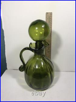 Vintage Rainbow Glass Bubble Stopper Decanter MCM Green Art Glass Heavy 11