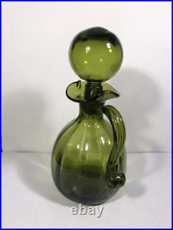Vintage Rainbow Glass Bubble Stopper Decanter MCM Green Art Glass Heavy 11