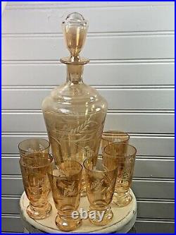 Vintage Rare Amber Gold Iridescent Carnival Glass Decanter & 6 Glasses Set (20C)