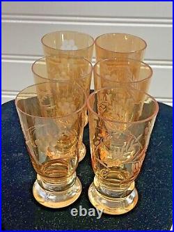 Vintage Rare Amber Gold Iridescent Carnival Glass Decanter & 6 Glasses Set (20C)