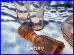 Vintage Rare HTF Pink Depression Glass Decanter With Stopper & 4 Small Glasses