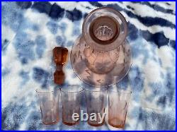 Vintage Rare HTF Pink Depression Glass Decanter With Stopper & 4 Small Glasses
