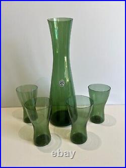 Vintage Rare Kastrup Denmark 60's Danish Green Glass Carafe with 4 Cups