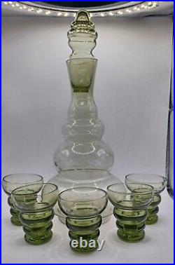 Vintage Rare Olive Green Glass Genie Bottle Decanter & 5 Sherry Shot Glasses