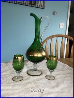 Vintage Rare emerald green And Gold glass decanter Set