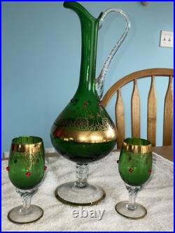 Vintage Rare emerald green And Gold glass decanter Set