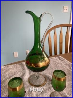 Vintage Rare emerald green And Gold glass decanter Set
