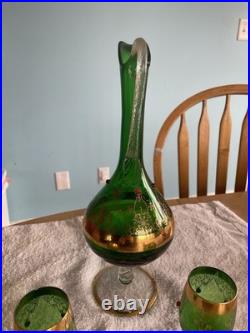 Vintage Rare emerald green And Gold glass decanter Set