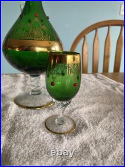Vintage Rare emerald green And Gold glass decanter Set