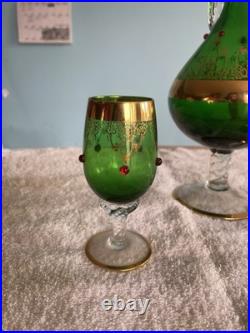 Vintage Rare emerald green And Gold glass decanter Set