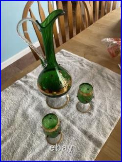 Vintage Rare emerald green And Gold glass decanter Set
