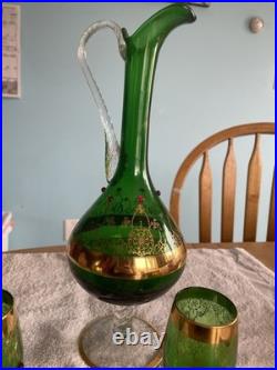 Vintage Rare emerald green And Gold glass decanter Set