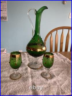 Vintage Rare emerald green And Gold glass decanter Set