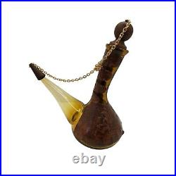 Vintage Rdo De Espana Amber Glass Wine Porron made in Spain with tooled leather