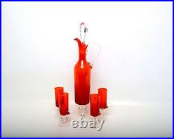 Vintage Red Glass Decanter With Stopper 4 Matching Cordials Wine Glasses Art Gla