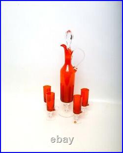 Vintage Red Glass Decanter With Stopper 4 Matching Cordials Wine Glasses Art Gla