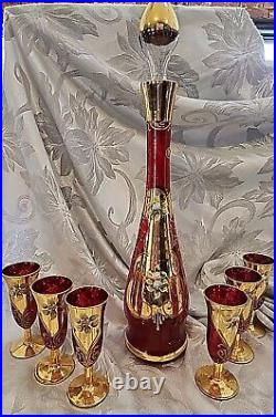 Vintage Red Murano Glass Decanter Hand Painted Gold Aperitif Glasses Italy