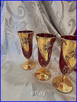 Vintage Red Murano Glass Decanter Hand Painted Gold Aperitif Glasses Italy