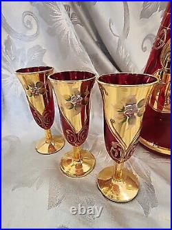 Vintage Red Murano Glass Decanter Hand Painted Gold Aperitif Glasses Italy