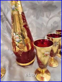 Vintage Red Murano Glass Decanter Hand Painted Gold Aperitif Glasses Italy