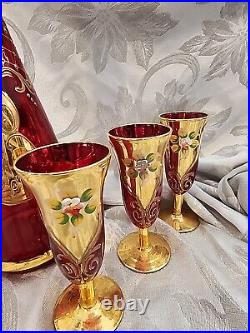 Vintage Red Murano Glass Decanter Hand Painted Gold Aperitif Glasses Italy