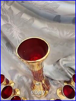 Vintage Red Murano Glass Decanter Hand Painted Gold Aperitif Glasses Italy