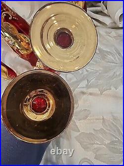 Vintage Red Murano Glass Decanter Hand Painted Gold Aperitif Glasses Italy