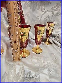 Vintage Red Murano Glass Decanter Hand Painted Gold Aperitif Glasses Italy