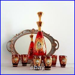 Vintage Red Venetian Glass Decanter with Set 6 Matching Shot Glasses, Hand Paint