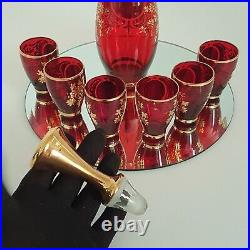Vintage Red Venetian Glass Decanter with Set 6 Matching Shot Glasses, Hand Paint