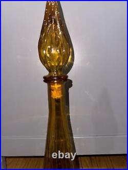 Vintage Retro 19 Amber Glass Ribbed Genie Bottle Decanter With Stopper