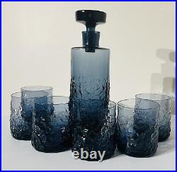 Vintage Retro Blue Textured Glass Decanter Bottle with Glasses