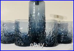 Vintage Retro Blue Textured Glass Decanter Bottle with Glasses