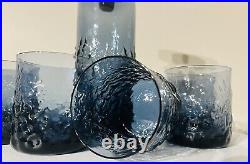 Vintage Retro Blue Textured Glass Decanter Bottle with Glasses