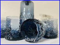 Vintage Retro Blue Textured Glass Decanter Bottle with Glasses