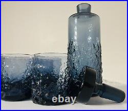 Vintage Retro Blue Textured Glass Decanter Bottle with Glasses