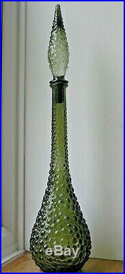 Vintage Retro Empoli Italian Art Glass Olive Green Genie Bottle Bubble Pattern