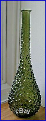 Vintage Retro Empoli Italian Art Glass Olive Green Genie Bottle Bubble Pattern