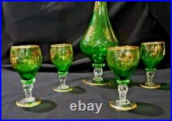 Vintage Retro Mid-Century Modern Green and Gold Decanter with Stopper and stems