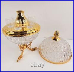 Vintage Rococo Crystal Dome Serving Decanter Bar Set With Brass Base