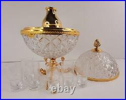 Vintage Rococo Crystal Dome Serving Decanter Bar Set With Brass Base